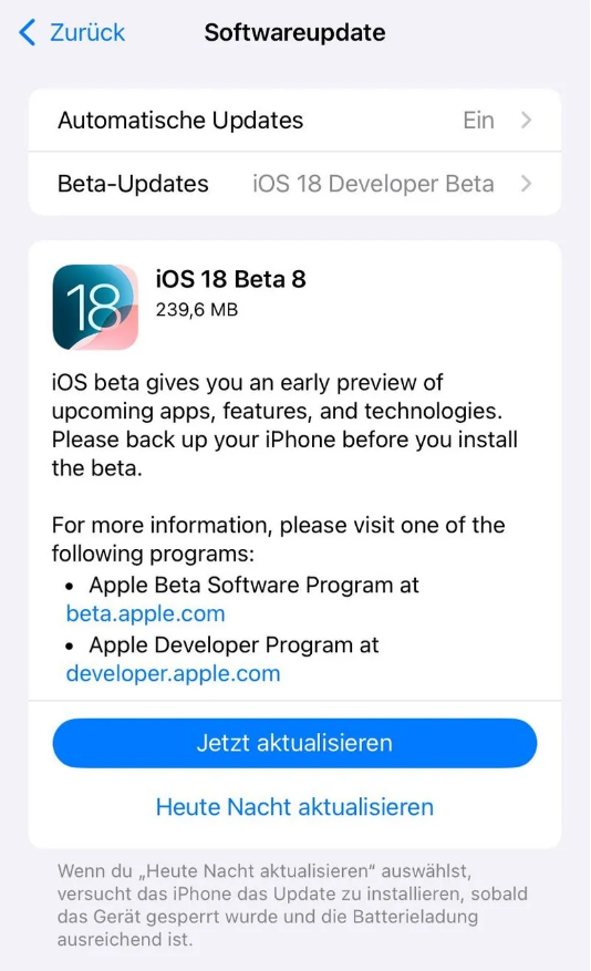 凤县苹果手机维修分享苹果 iOS / iPadOS 18 开发者预览版 Beta 8 发布 